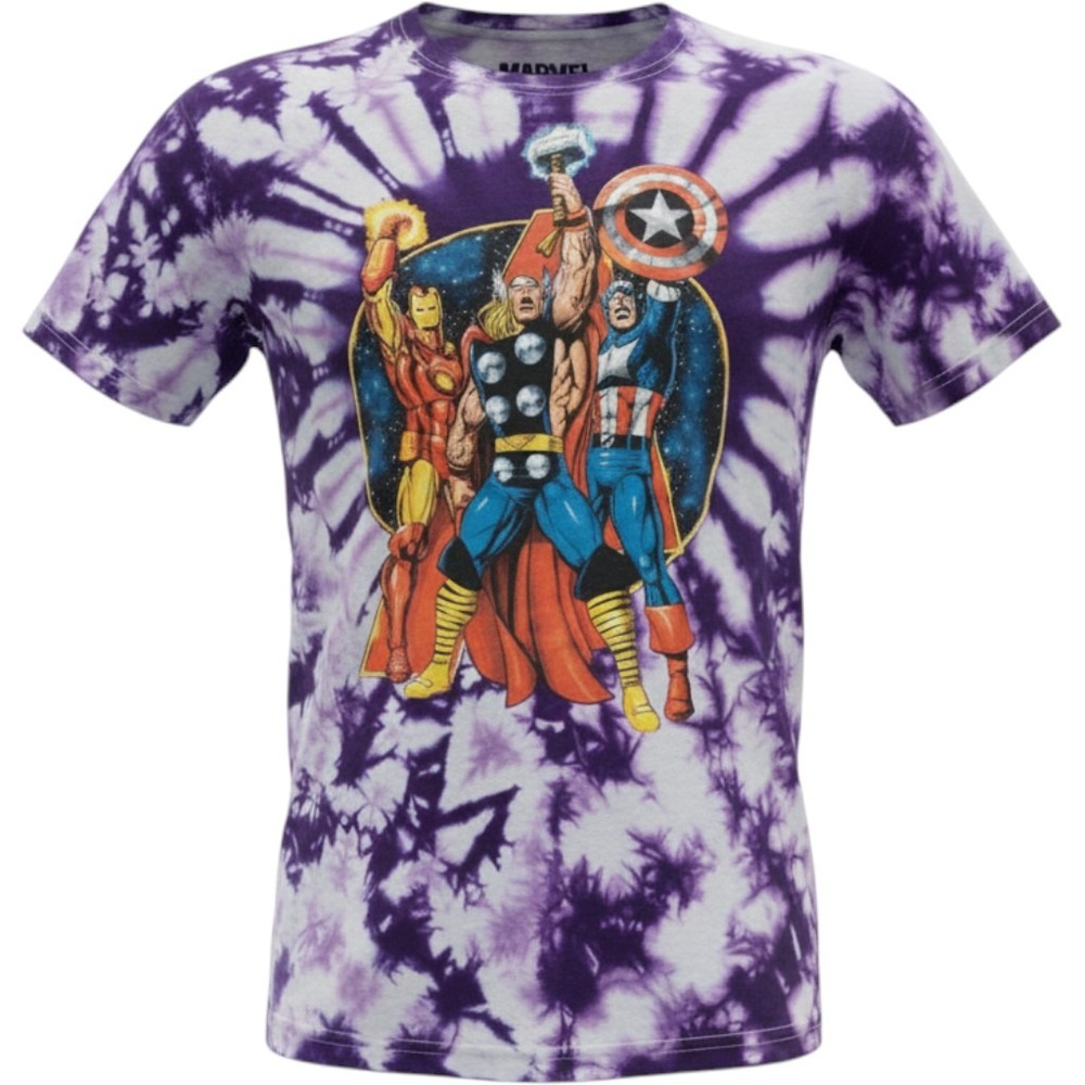 Marvel The Avengers Tie Dye Graphic T-Shirt Purple Mens Medium Iron Man Thor Cap